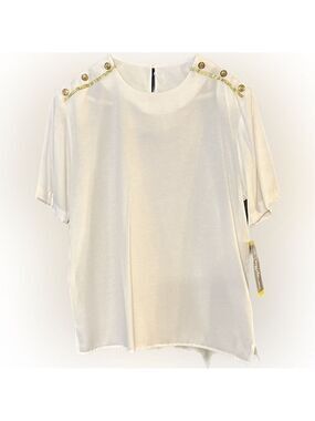 NWT Vintage Katie Brooke Off White blouse Gold Metal button on shoulders Size 14